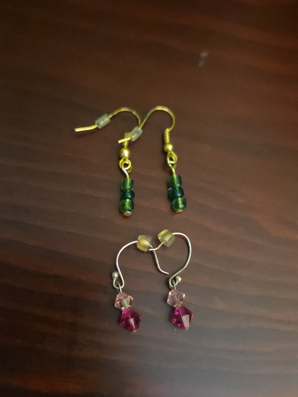 Handmade Green and Pink Bead Drop Earrings